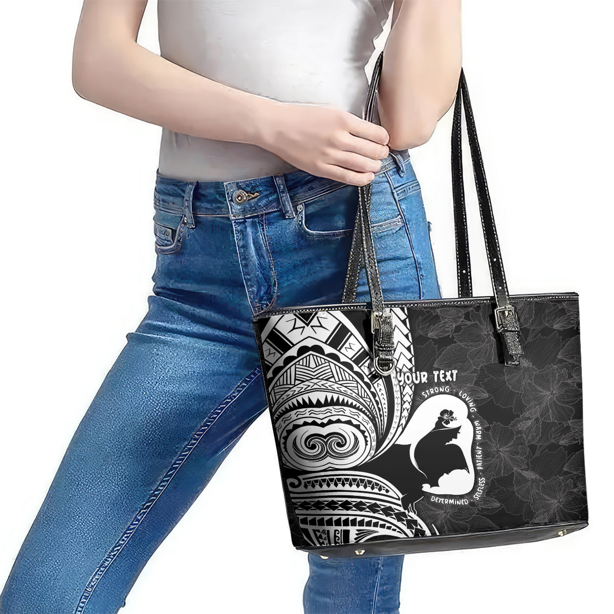 Mother's Day Leather Tote Bag Polynesia Vintage Hibiscus - Black LT7 - Polynesian Pride