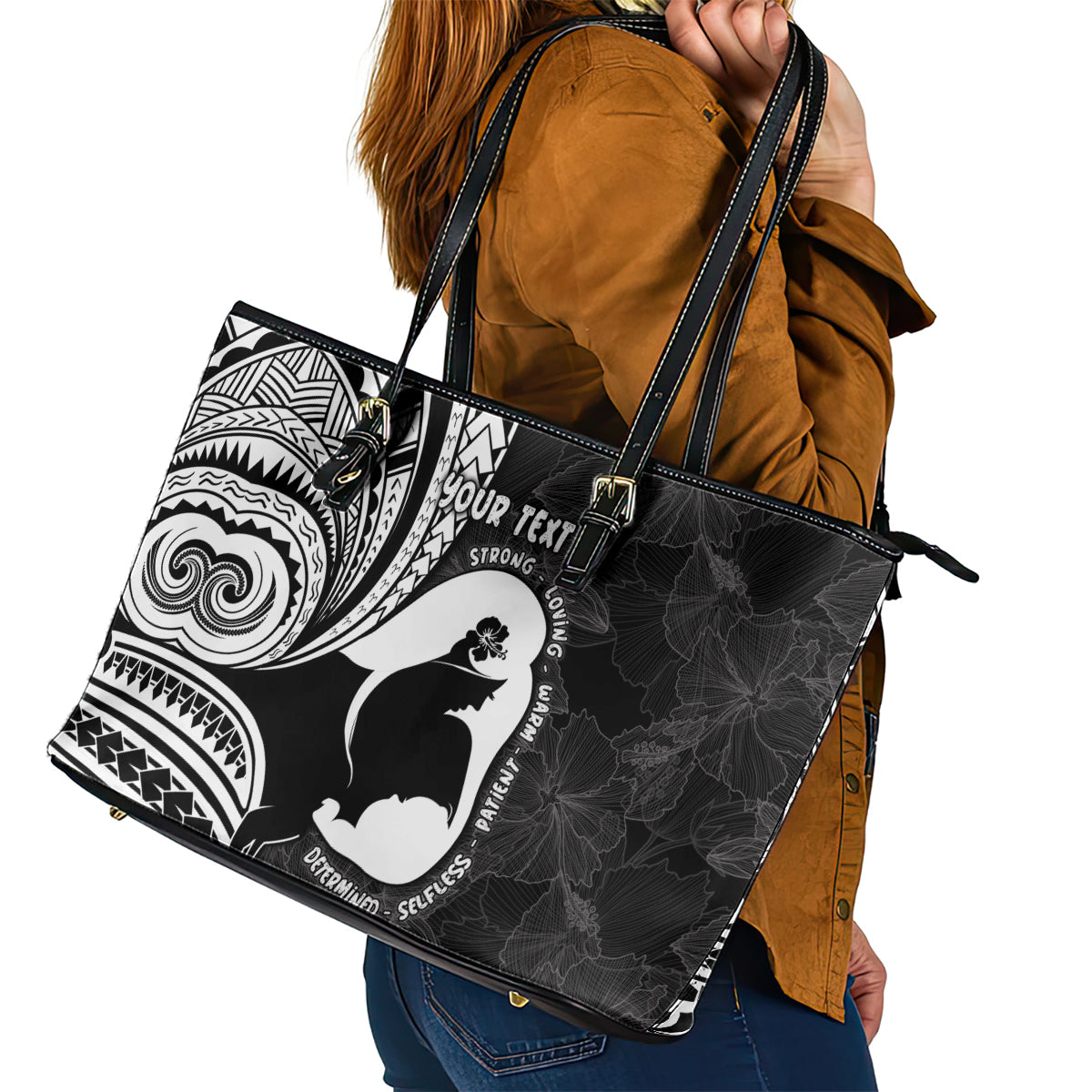 Mother's Day Leather Tote Bag Polynesia Vintage Hibiscus - Black LT7 - Polynesian Pride