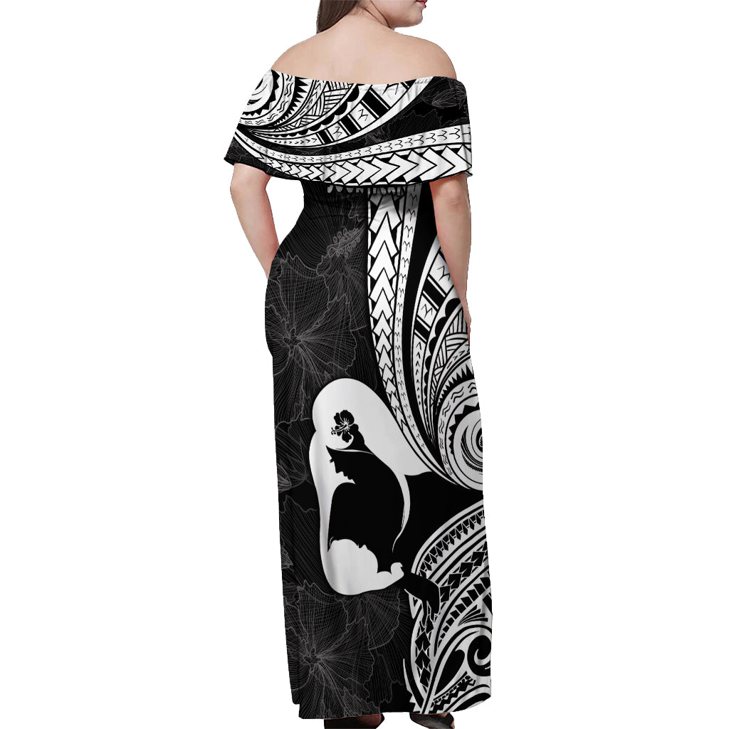 Mother's Day Off Shoulder Maxi Dress Polynesia Vintage Hibiscus - Black LT7 - Polynesian Pride