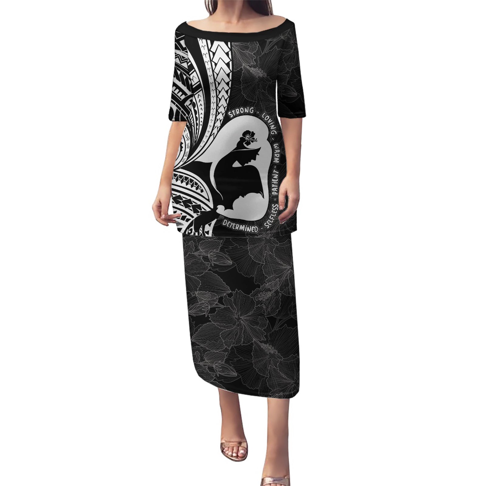 Mother's Day Puletasi Polynesia Vintage Hibiscus - Black LT7 Long Dress Black - Polynesian Pride