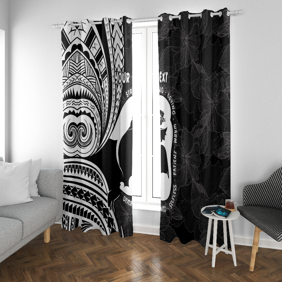 Mother's Day Window Curtain Polynesia Vintage Hibiscus - Black LT7 With Grommets Black - Polynesian Pride