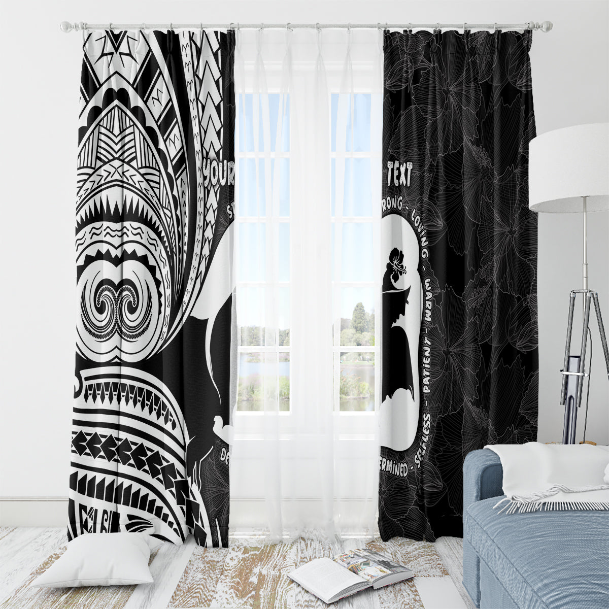 Mother's Day Window Curtain Polynesia Vintage Hibiscus - Black LT7 - Polynesian Pride