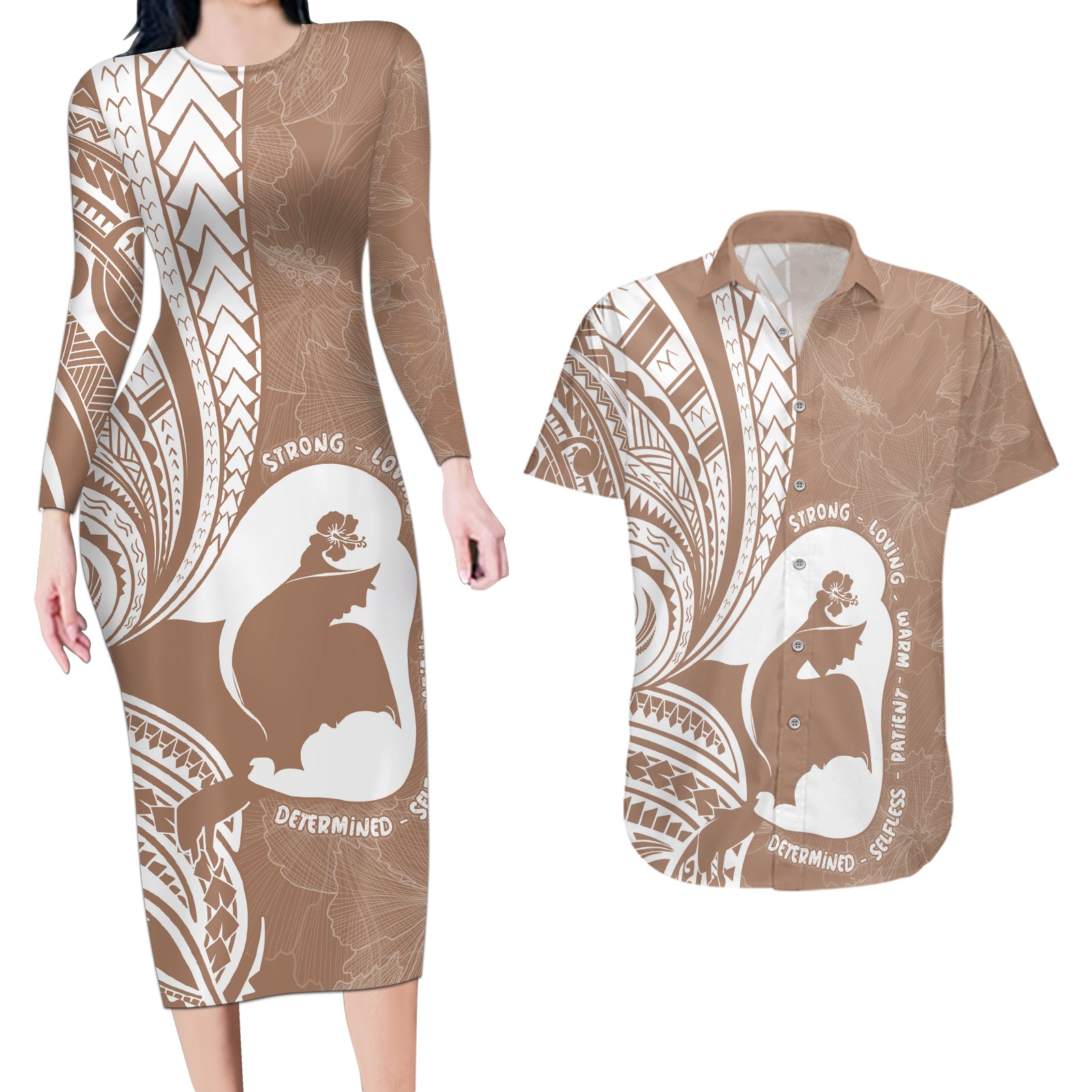 Mother's Day Couples Matching Long Sleeve Bodycon Dress and Hawaiian Shirt Polynesia Vintage Hibiscus - Brown