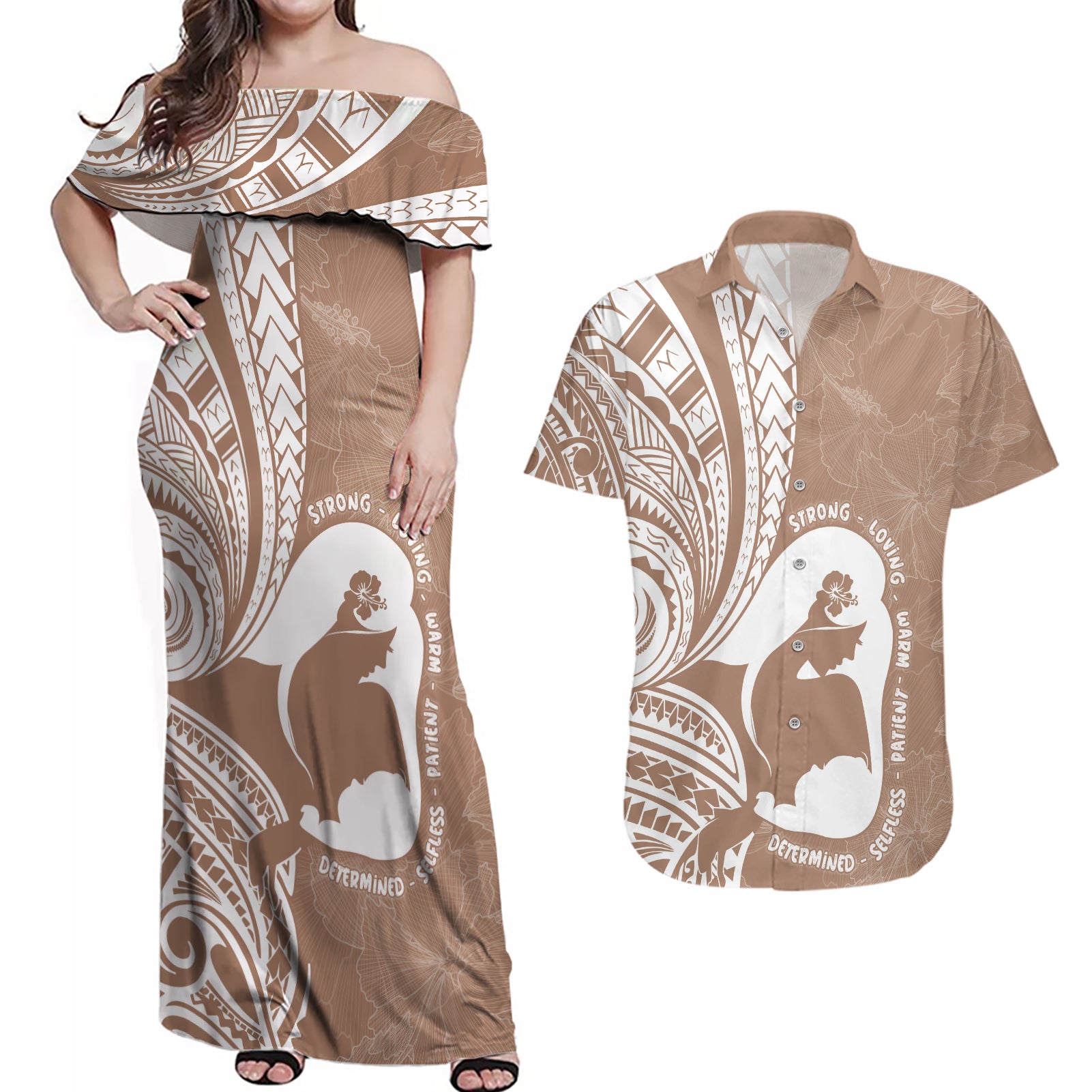 Mother's Day Couples Matching Off Shoulder Maxi Dress and Hawaiian Shirt Polynesia Vintage Hibiscus - Brown