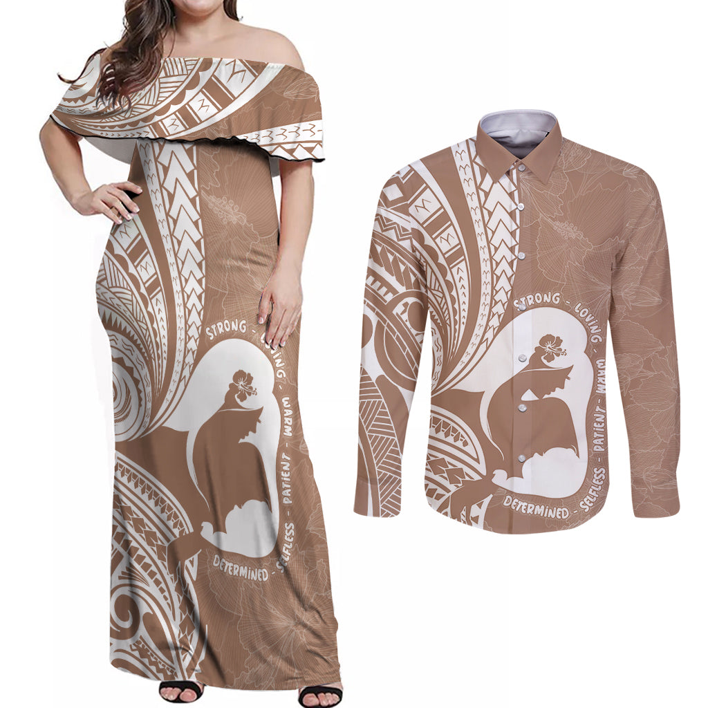 Mother's Day Couples Matching Off Shoulder Maxi Dress and Long Sleeve Button Shirt Polynesia Vintage Hibiscus - Brown LT7 Brown - Polynesian Pride
