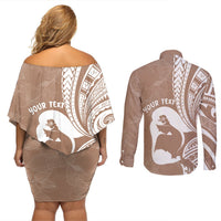 Mother's Day Couples Matching Off Shoulder Short Dress and Long Sleeve Button Shirt Polynesia Vintage Hibiscus - Brown LT7 - Polynesian Pride