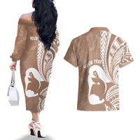 Mother's Day Couples Matching Off The Shoulder Long Sleeve Dress and Hawaiian Shirt Polynesia Vintage Hibiscus - Brown