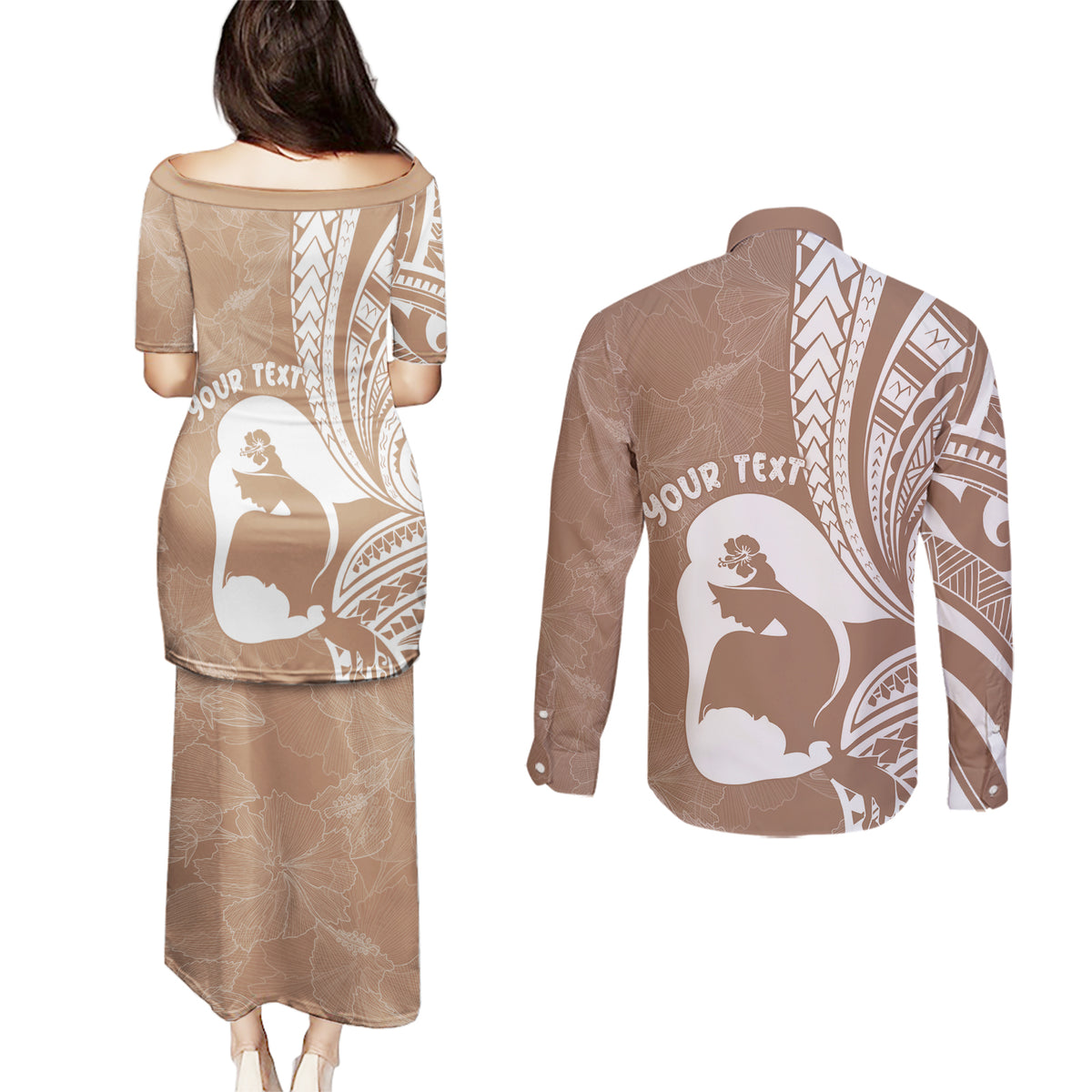 Mother's Day Couples Matching Puletasi and Long Sleeve Button Shirt Polynesia Vintage Hibiscus - Brown
