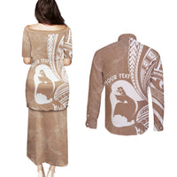 Mother's Day Couples Matching Puletasi and Long Sleeve Button Shirt Polynesia Vintage Hibiscus - Brown