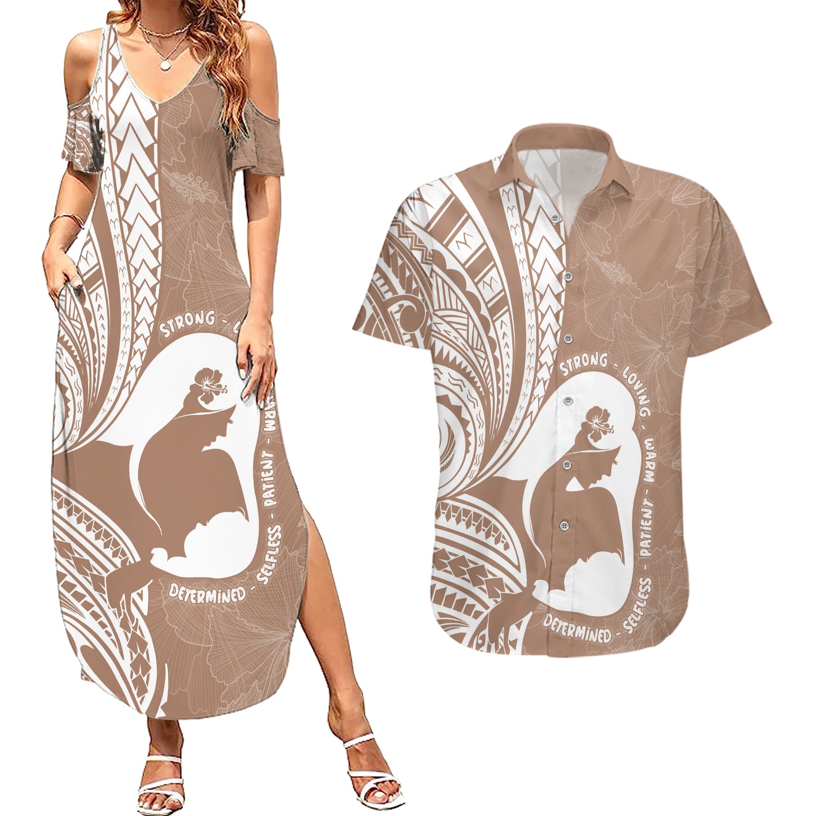 Mother's Day Couples Matching Summer Maxi Dress and Hawaiian Shirt Polynesia Vintage Hibiscus - Brown