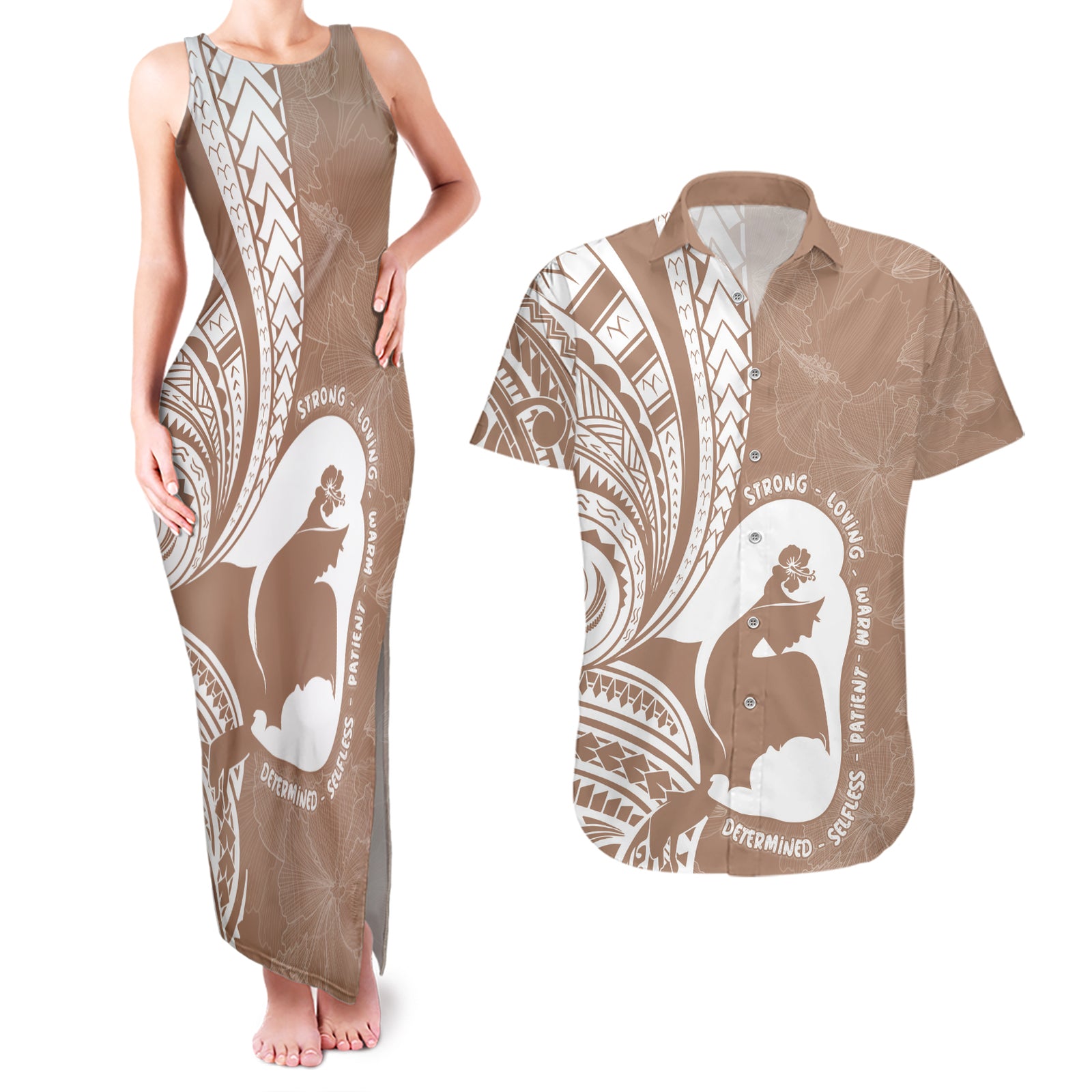 Mother's Day Couples Matching Tank Maxi Dress and Hawaiian Shirt Polynesia Vintage Hibiscus - Brown