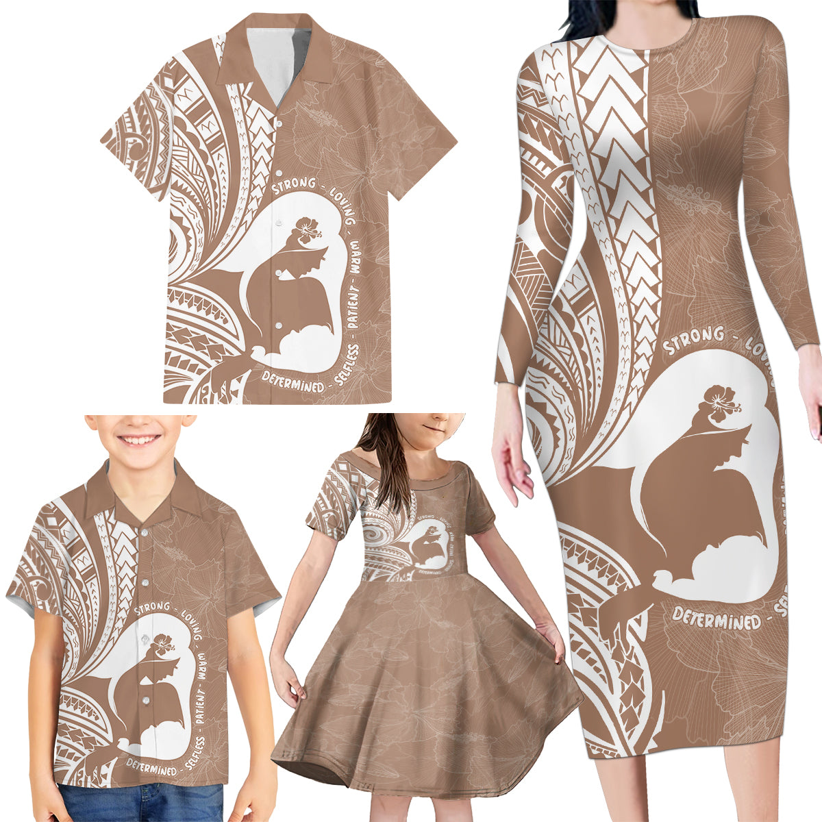 Mother's Day Family Matching Long Sleeve Bodycon Dress and Hawaiian Shirt Polynesia Vintage Hibiscus - Brown