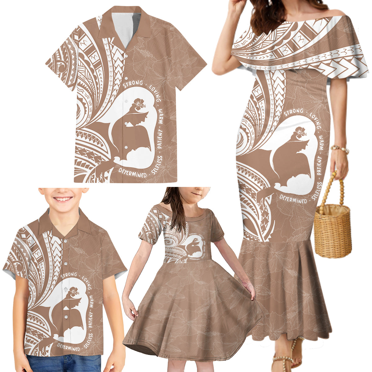 Mother's Day Family Matching Mermaid Dress and Hawaiian Shirt Polynesia Vintage Hibiscus - Brown