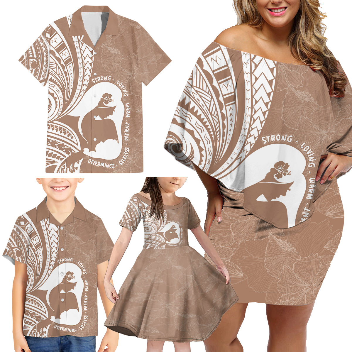 Mother's Day Family Matching Off Shoulder Short Dress and Hawaiian Shirt Polynesia Vintage Hibiscus - Brown