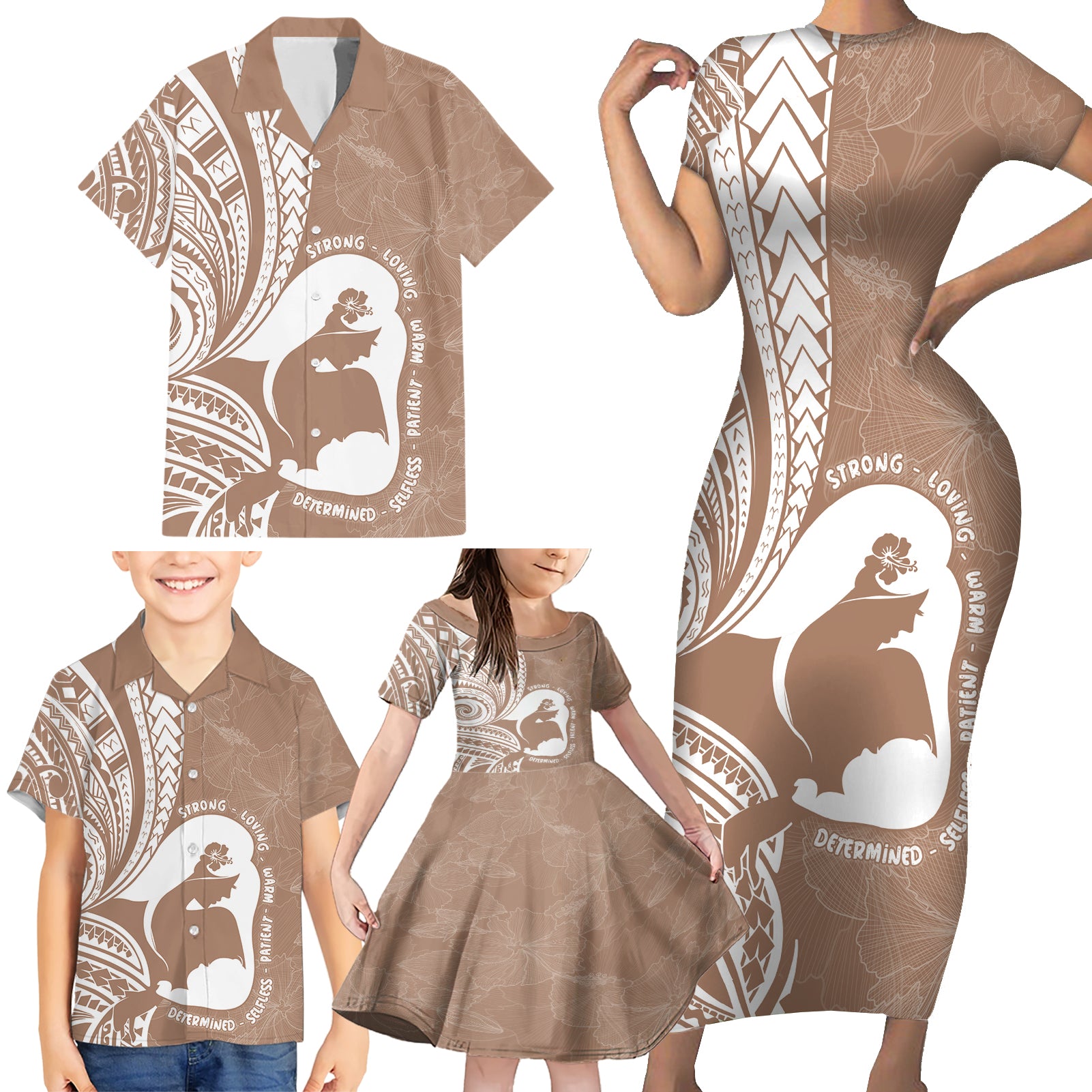 Mother's Day Family Matching Short Sleeve Bodycon Dress and Hawaiian Shirt Polynesia Vintage Hibiscus - Brown