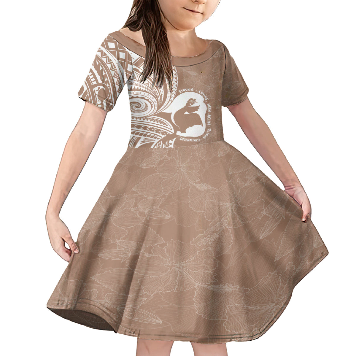 Mother's Day Kid Short Sleeve Dress Polynesia Vintage Hibiscus - Brown LT7 KID Brown - Polynesian Pride