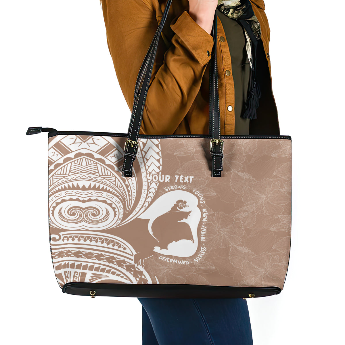 Mother's Day Leather Tote Bag Polynesia Vintage Hibiscus - Brown LT7 - Polynesian Pride