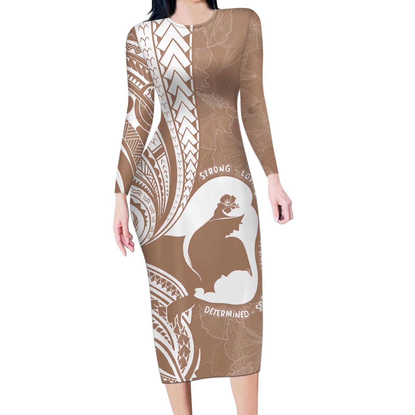 Mother's Day Long Sleeve Bodycon Dress Polynesia Vintage Hibiscus - Brown