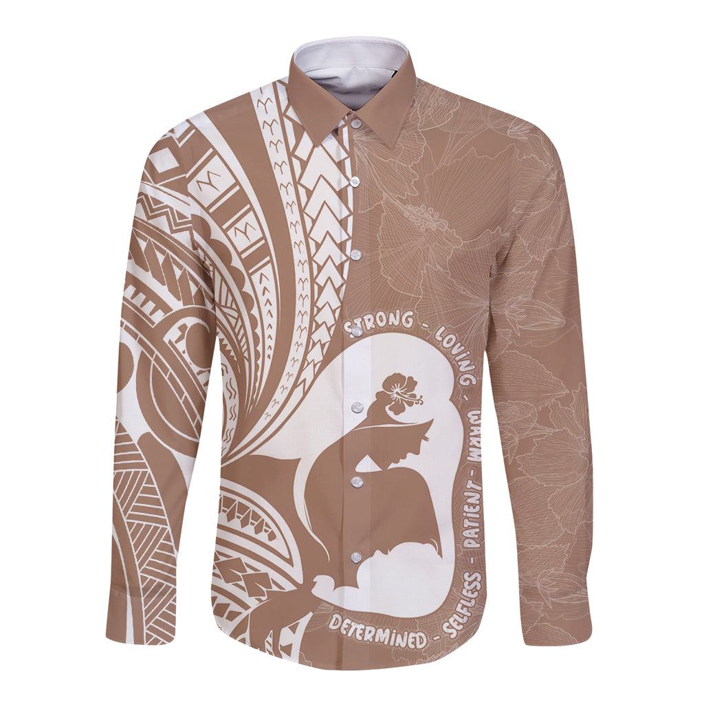 Mother's Day Long Sleeve Button Shirt Polynesia Vintage Hibiscus - Brown