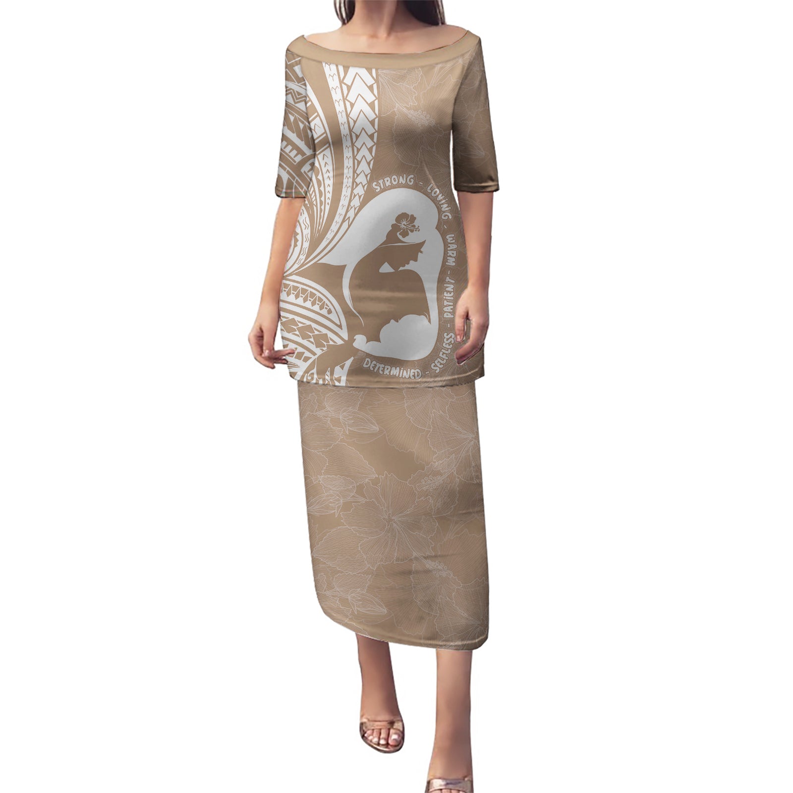Mother's Day Puletasi Polynesia Vintage Hibiscus - Brown LT7 Long Dress Brown - Polynesian Pride