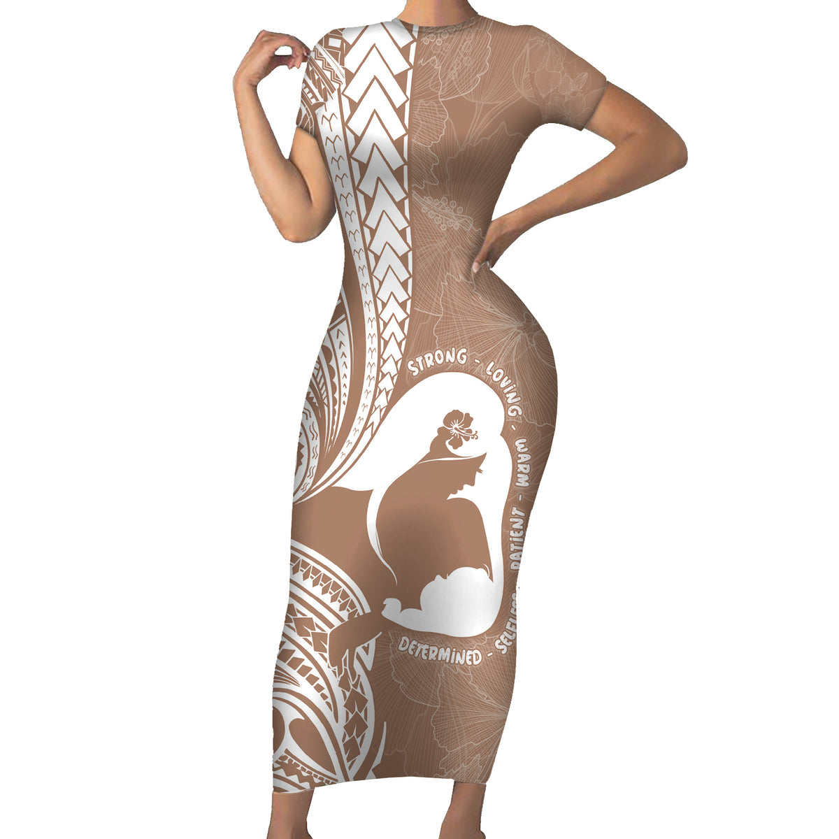Mother's Day Short Sleeve Bodycon Dress Polynesia Vintage Hibiscus - Brown
