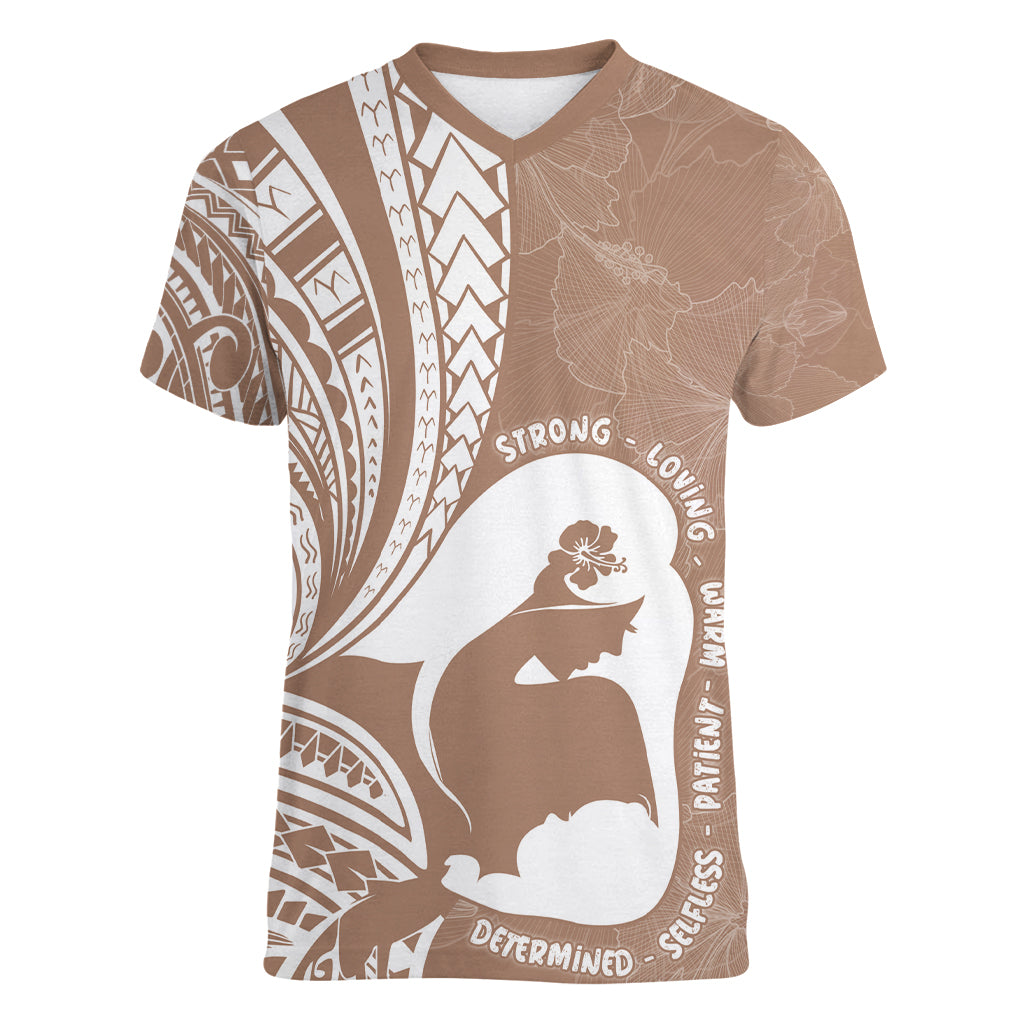 Mother's Day Women V Neck T Shirt Polynesia Vintage Hibiscus - Brown