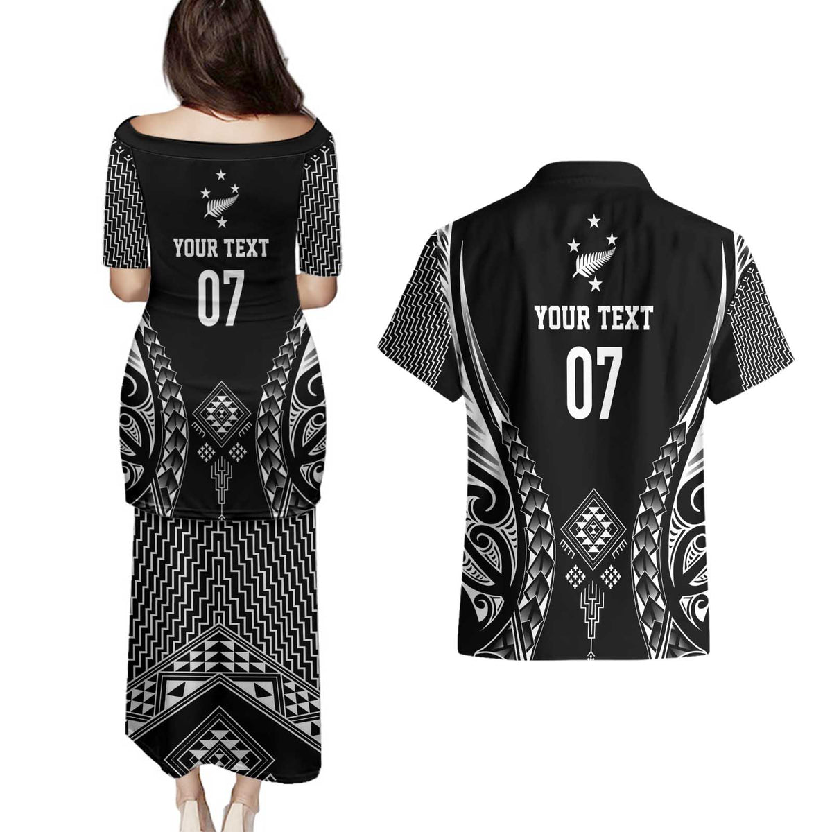 2025 Rugby Championship New Zealand Custom Couples Matching Puletasi and Hawaiian Shirt Poutama Motifs - Polynesian Pride