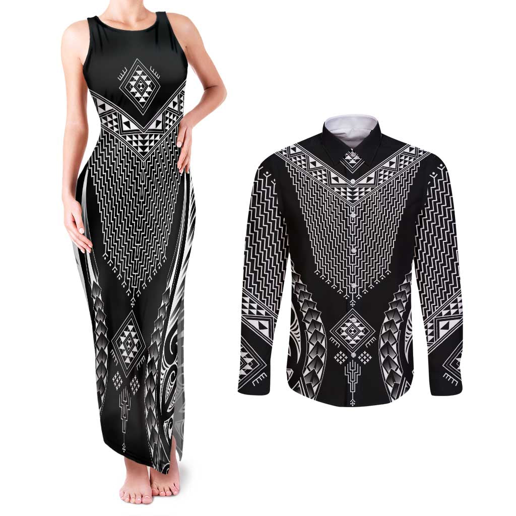2025 Rugby Championship New Zealand Custom Couples Matching Tank Maxi Dress and Long Sleeve Button Shirt Poutama Motifs - Polynesian Pride