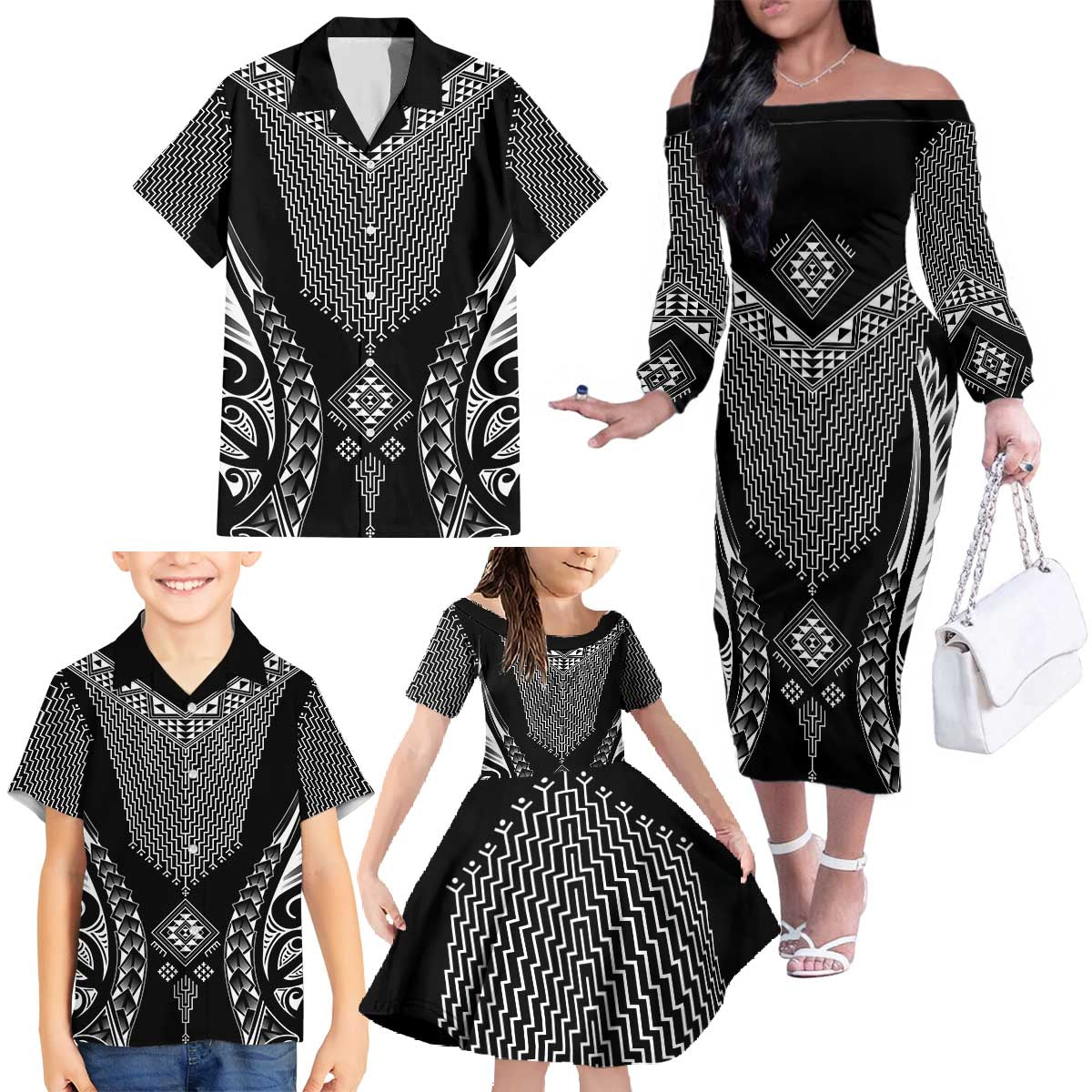 2025 Rugby Championship New Zealand Custom Family Matching Off The Shoulder Long Sleeve Dress and Hawaiian Shirt Poutama Motifs - Polynesian Pride