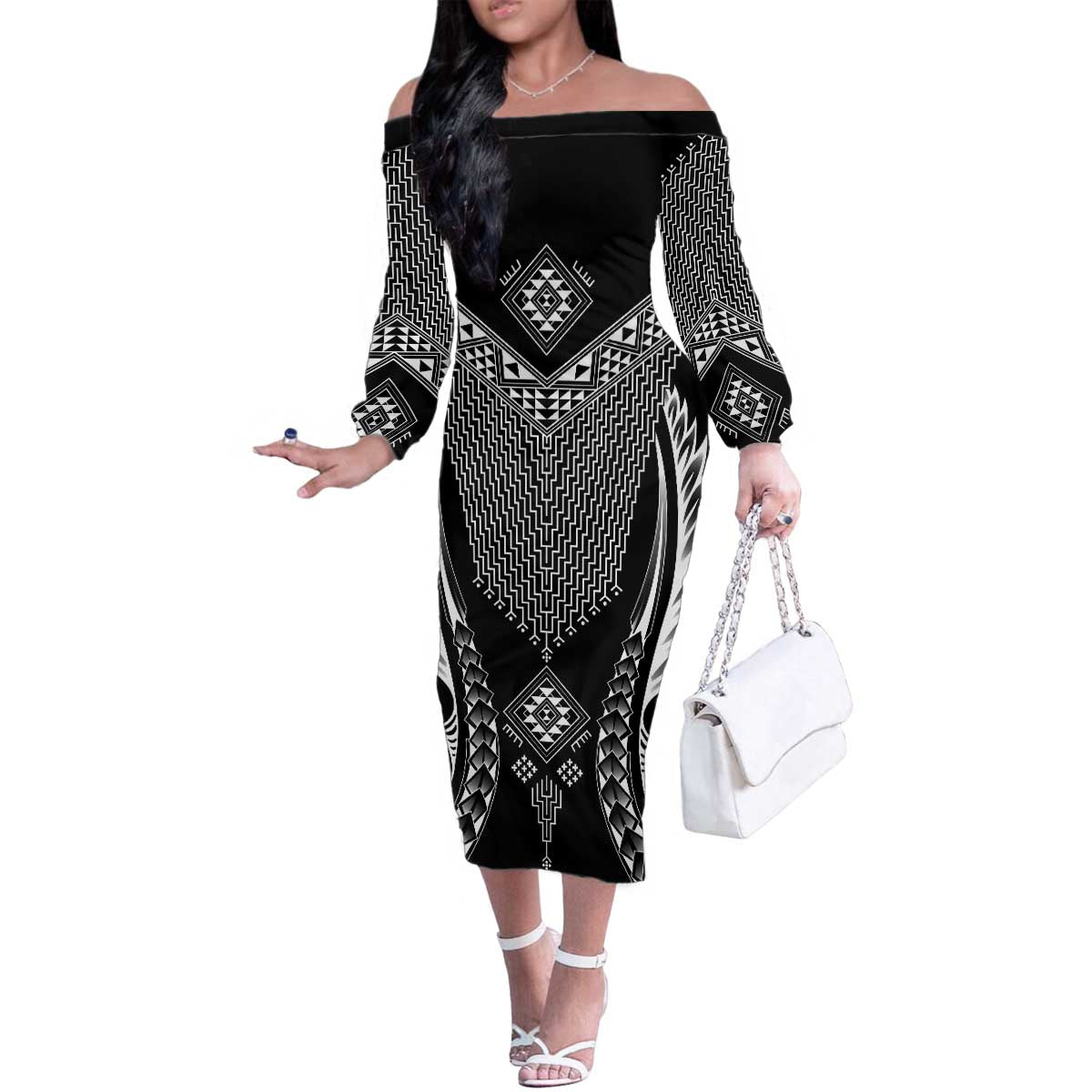 2025 Rugby Championship New Zealand Custom Family Matching Off The Shoulder Long Sleeve Dress and Hawaiian Shirt Poutama Motifs - Polynesian Pride