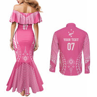 2025 Rugby Championship New Zealand Custom Couples Matching Mermaid Dress and Long Sleeve Button Shirt Poutama Motifs - Pink Out - Polynesian Pride