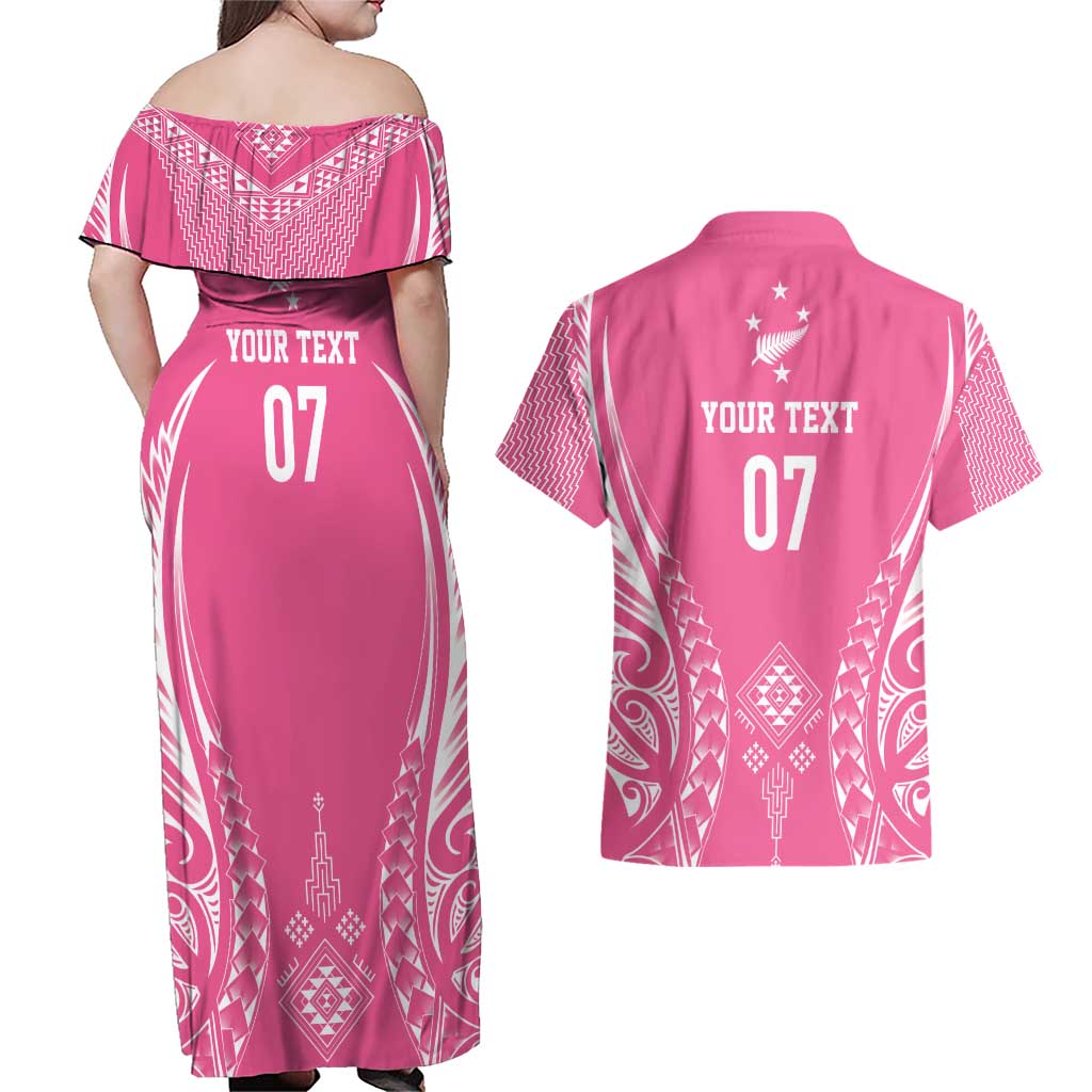2025 Rugby Championship New Zealand Custom Couples Matching Off Shoulder Maxi Dress and Hawaiian Shirt Poutama Motifs - Pink Out - Polynesian Pride