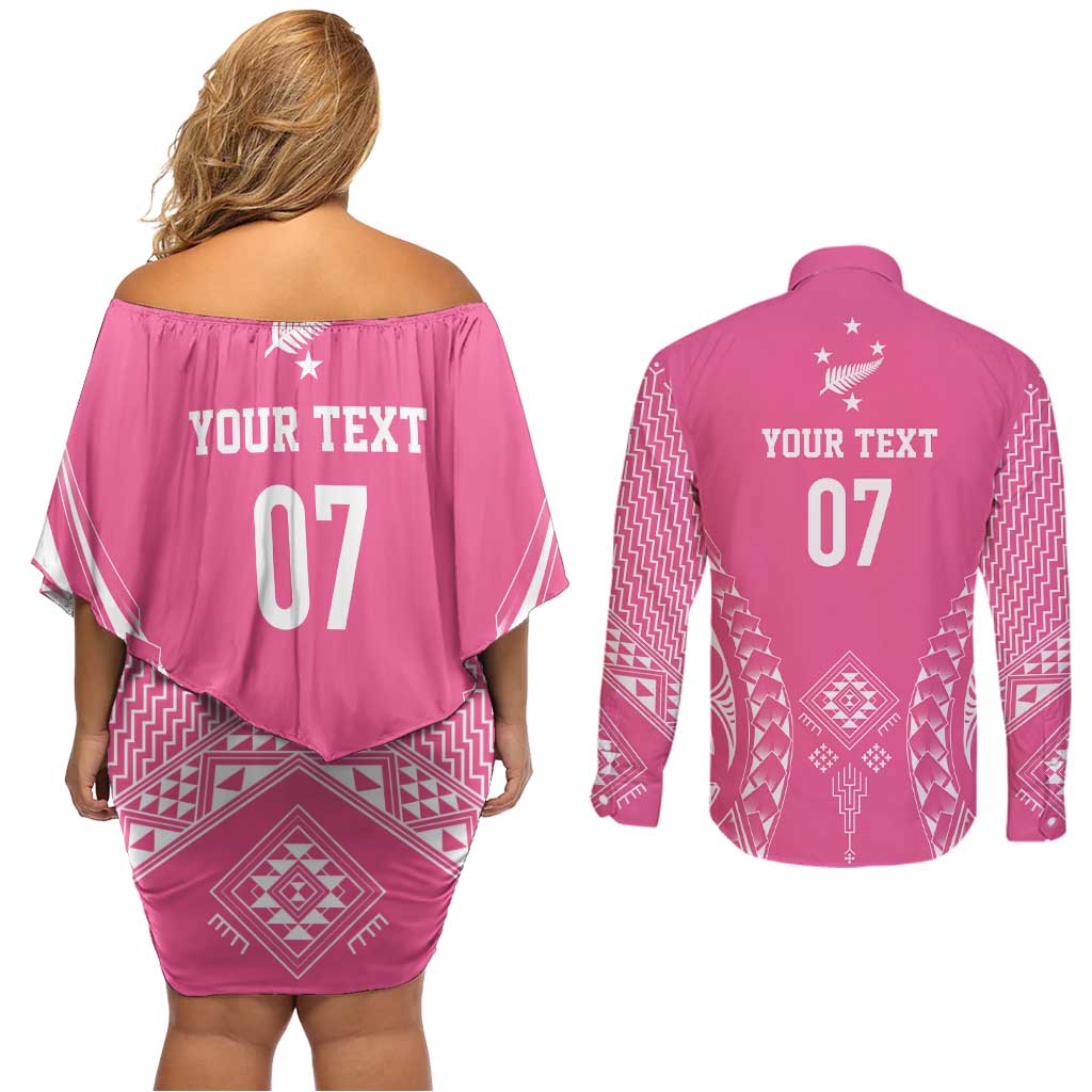 2025 Rugby Championship New Zealand Custom Couples Matching Off Shoulder Short Dress and Long Sleeve Button Shirt Poutama Motifs - Pink Out - Polynesian Pride