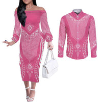 2025 Rugby Championship New Zealand Custom Couples Matching Off The Shoulder Long Sleeve Dress and Long Sleeve Button Shirt Poutama Motifs - Pink Out - Polynesian Pride