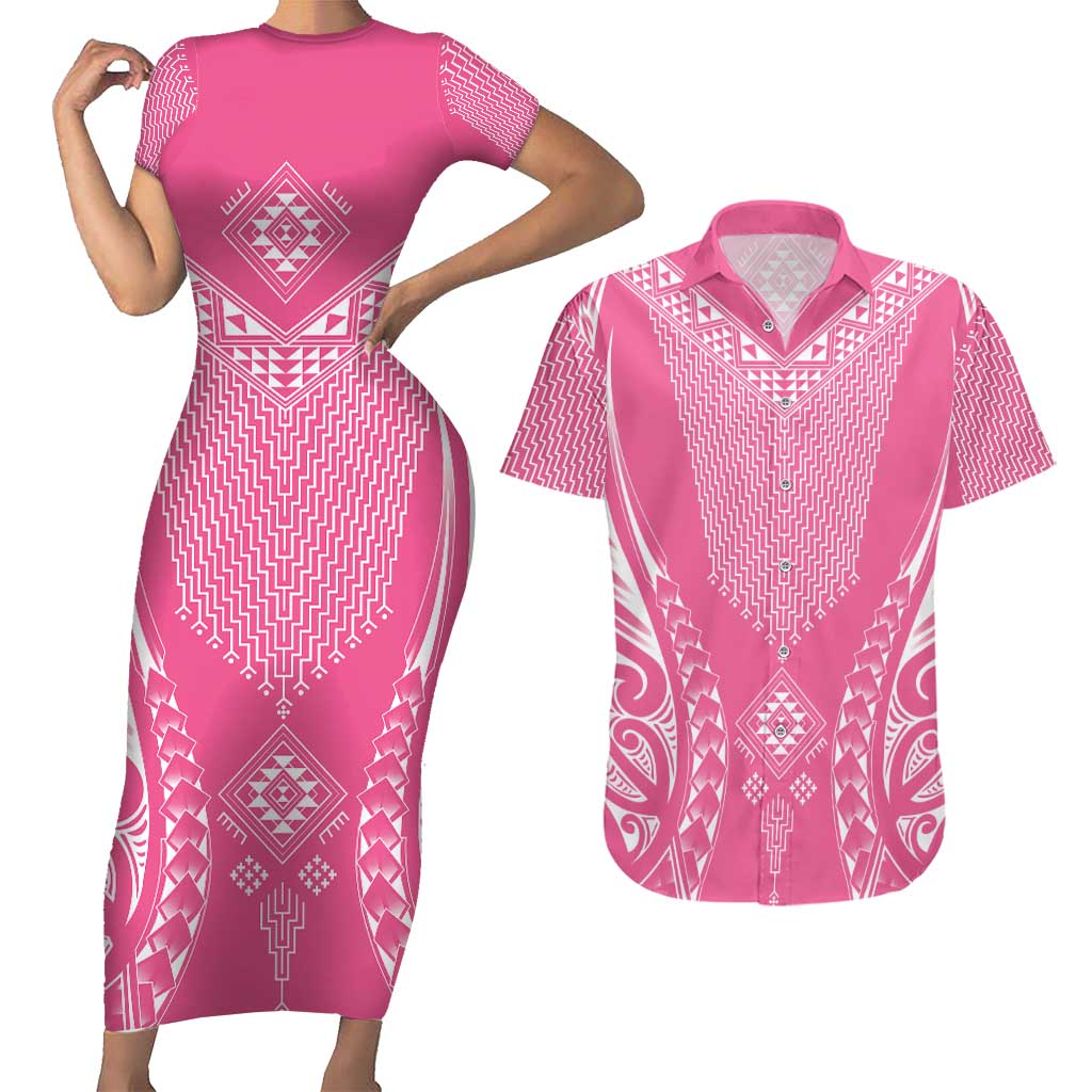 2025 Rugby Championship New Zealand Custom Couples Matching Short Sleeve Bodycon Dress and Hawaiian Shirt Poutama Motifs - Pink Out - Polynesian Pride