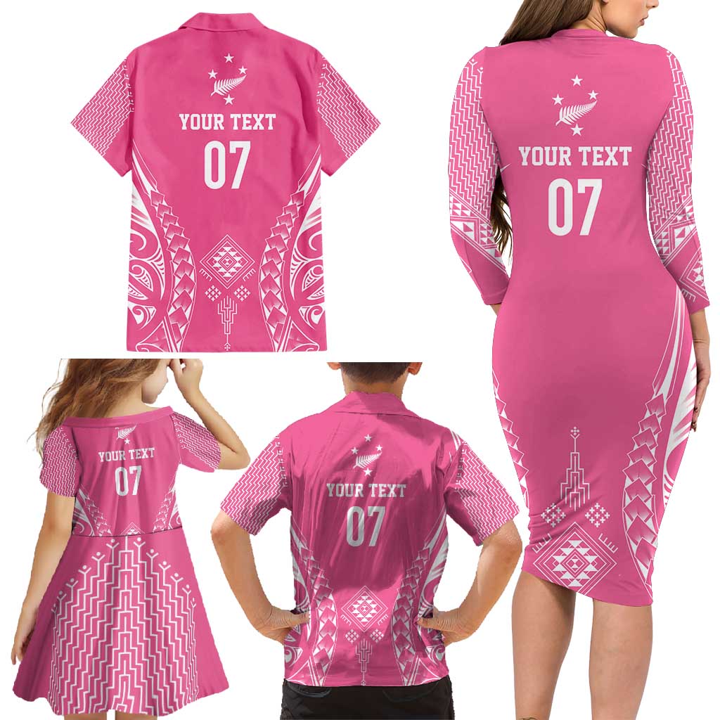 2025 Rugby Championship New Zealand Custom Family Matching Long Sleeve Bodycon Dress and Hawaiian Shirt Poutama Motifs - Pink Out - Polynesian Pride