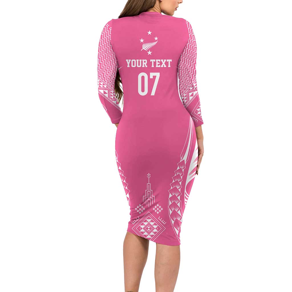 2025 Rugby Championship New Zealand Custom Family Matching Long Sleeve Bodycon Dress and Hawaiian Shirt Poutama Motifs - Pink Out - Polynesian Pride