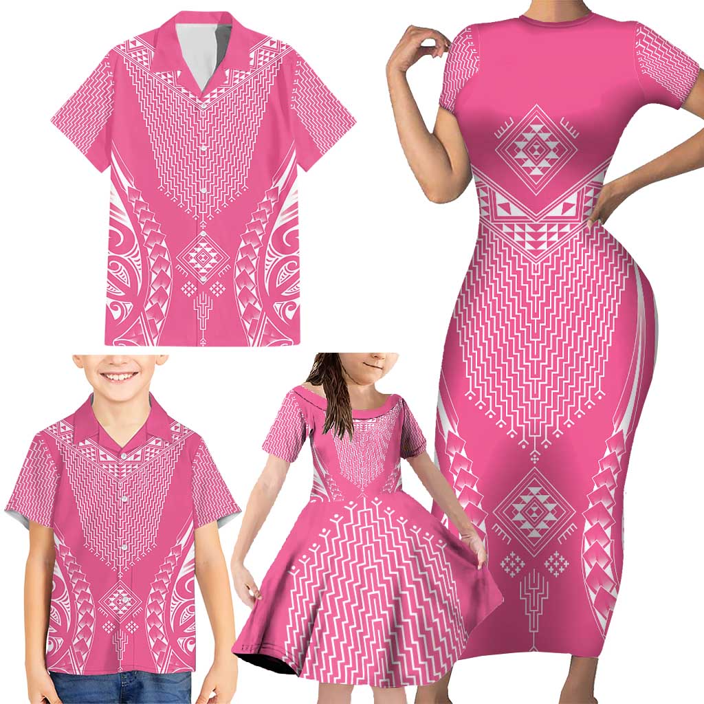 2025 Rugby Championship New Zealand Custom Family Matching Short Sleeve Bodycon Dress and Hawaiian Shirt Poutama Motifs - Pink Out - Polynesian Pride