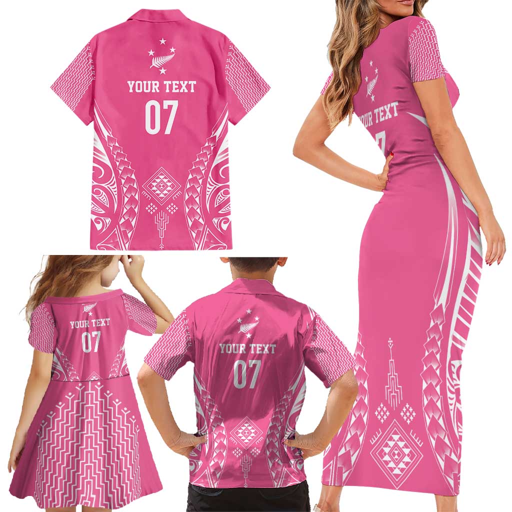 2025 Rugby Championship New Zealand Custom Family Matching Short Sleeve Bodycon Dress and Hawaiian Shirt Poutama Motifs - Pink Out - Polynesian Pride