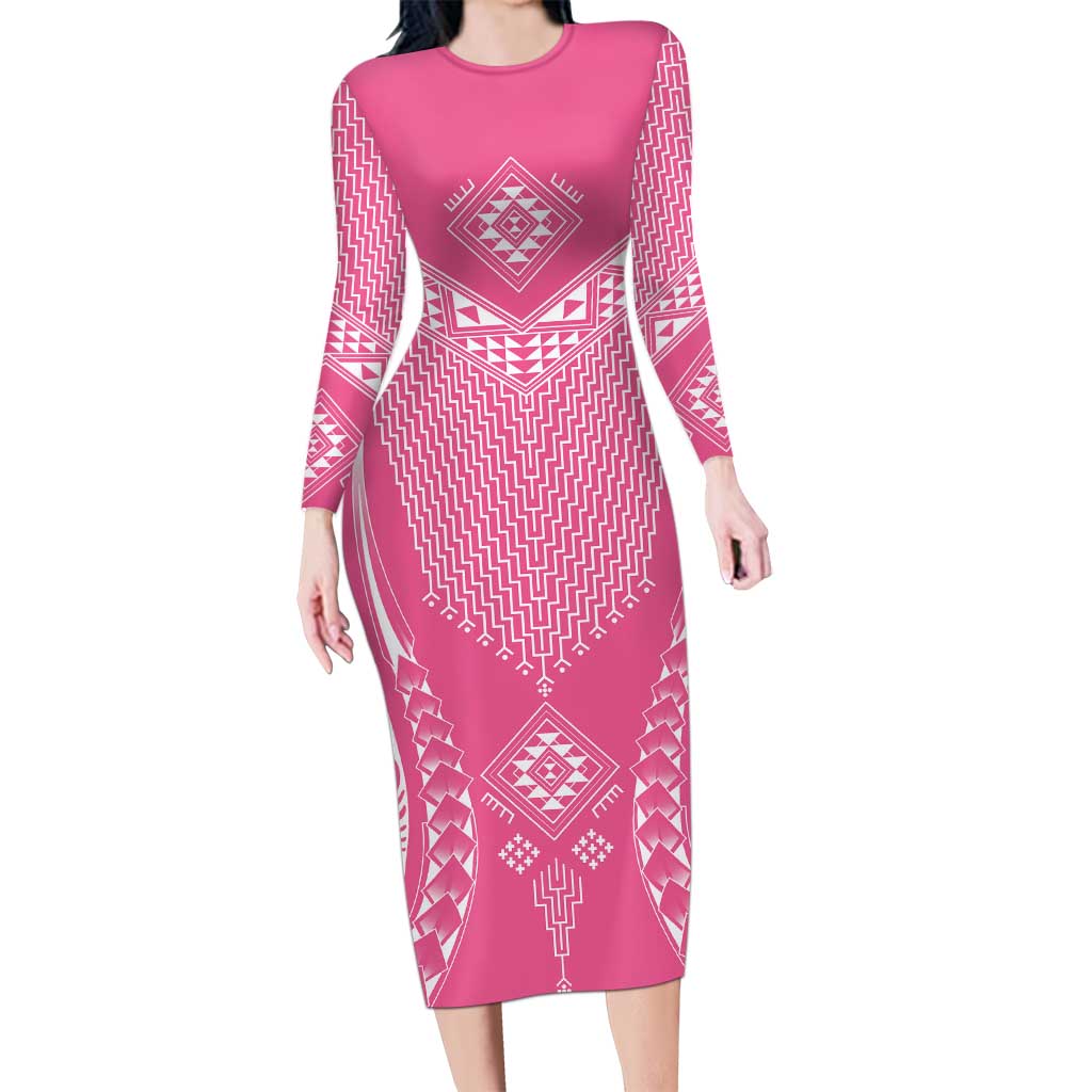 2025 Rugby Championship New Zealand Custom Long Sleeve Bodycon Dress Poutama Motifs - Pink Out - Polynesian Pride