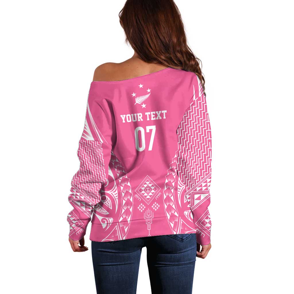 2025 Rugby Championship New Zealand Custom Off Shoulder Sweater Poutama Motifs - Pink Out - Polynesian Pride