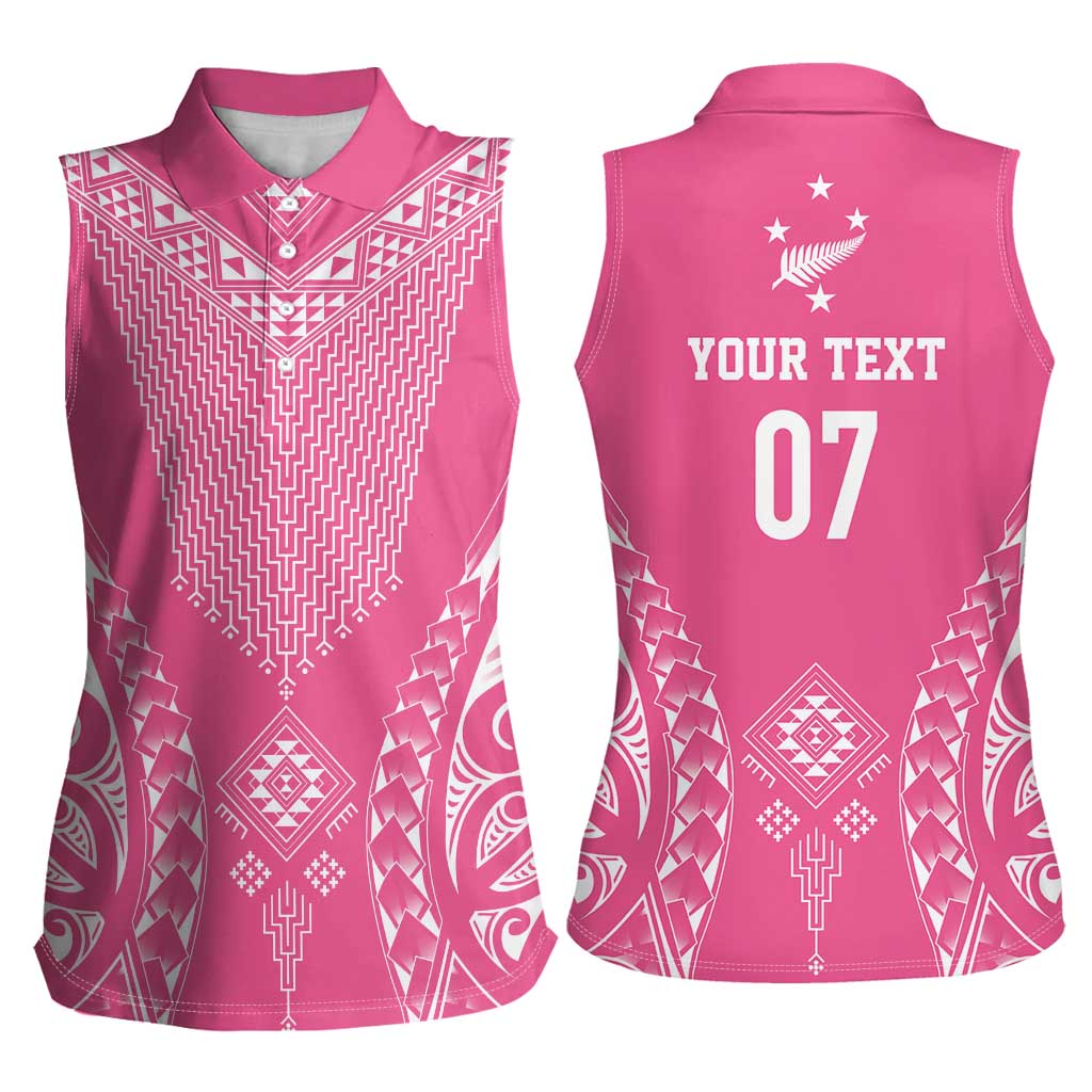 2025 Rugby Championship New Zealand Custom Women Sleeveless Polo Shirt Poutama Motifs - Pink Out - Polynesian Pride