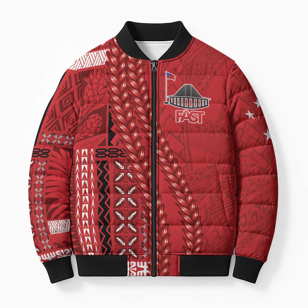 Samoa FAST Siapo Bomber Puffer Jacket Tatau-Ulafala Vines LT7 Unisex Red - Polynesian Pride