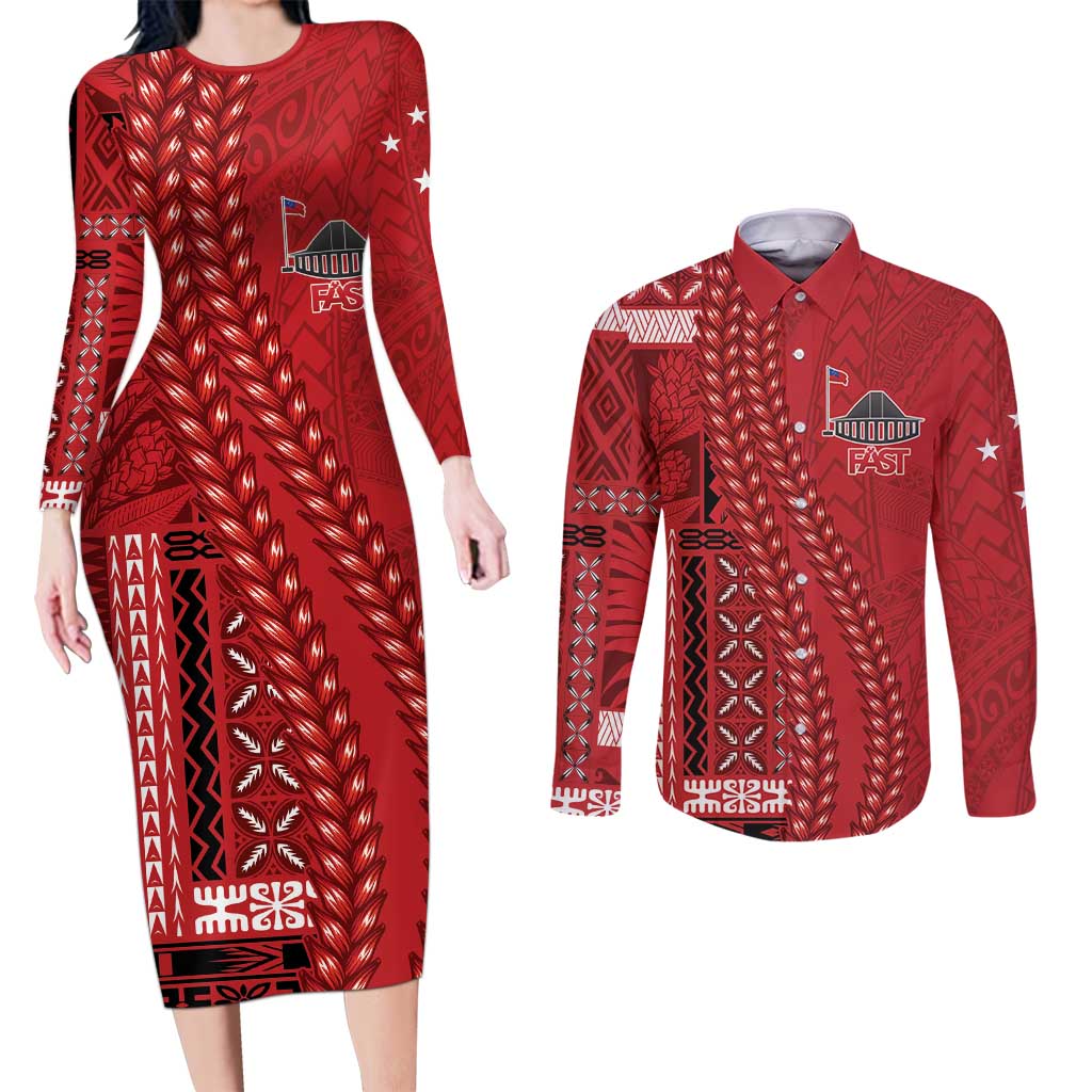 Samoa FAST Siapo Couples Matching Long Sleeve Bodycon Dress and Long Sleeve Button Shirt Tatau-Ulafala Vines LT7 Red - Polynesian Pride