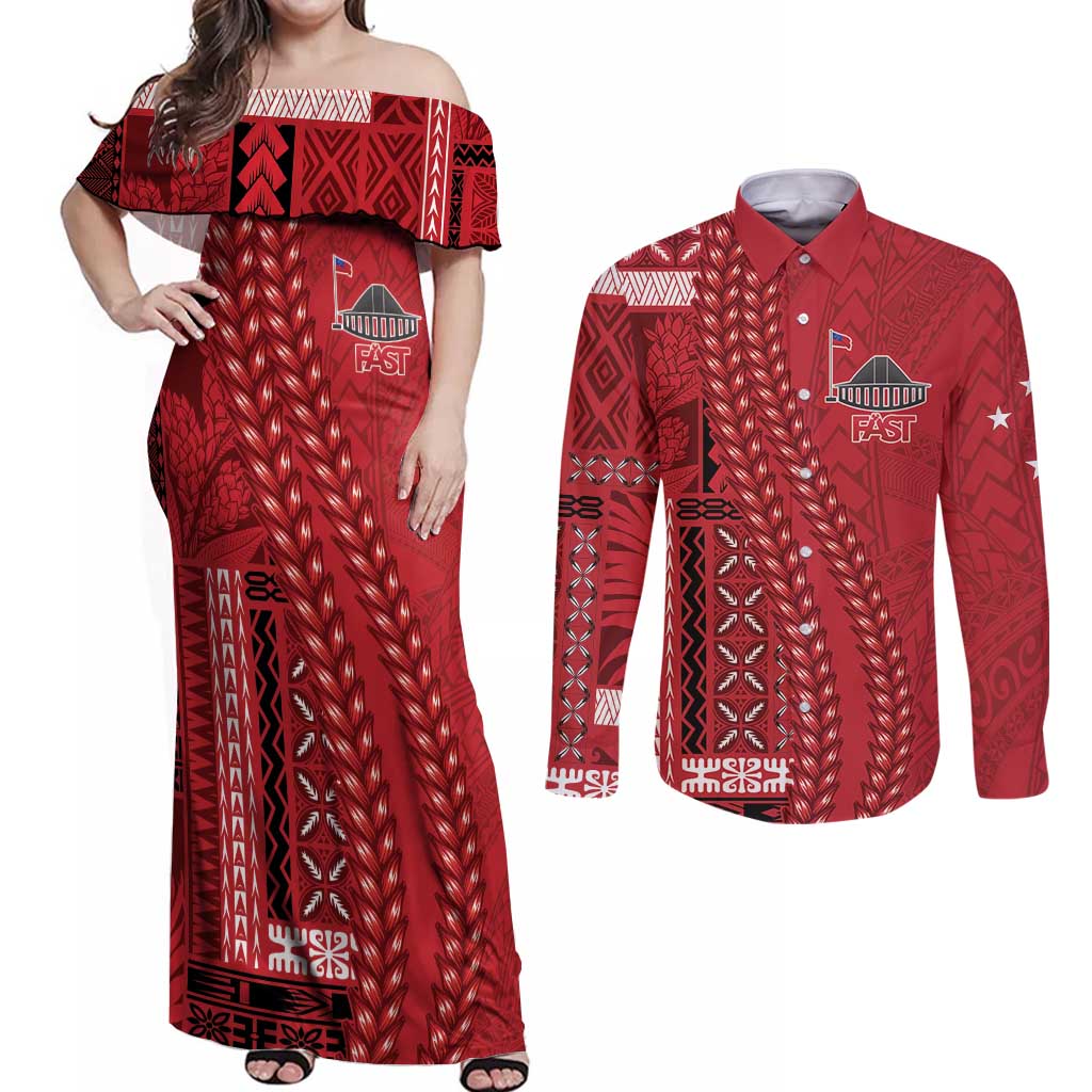 Samoa FAST Siapo Couples Matching Off Shoulder Maxi Dress and Long Sleeve Button Shirt Tatau-Ulafala Vines LT7 Red - Polynesian Pride