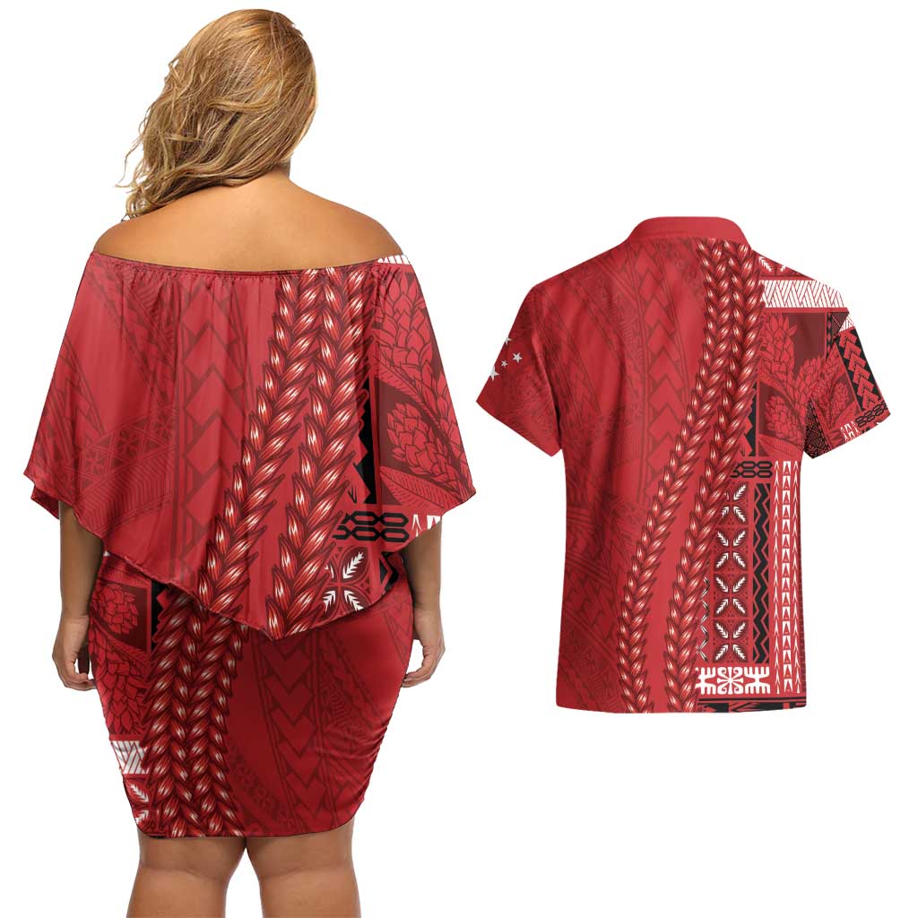 Samoa FAST Siapo Couples Matching Off Shoulder Short Dress and Hawaiian Shirt Tatau-Ulafala Vines - Polynesian Pride