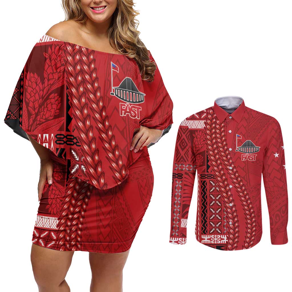 Samoa FAST Siapo Couples Matching Off Shoulder Short Dress and Long Sleeve Button Shirt Tatau-Ulafala Vines LT7 Red - Polynesian Pride