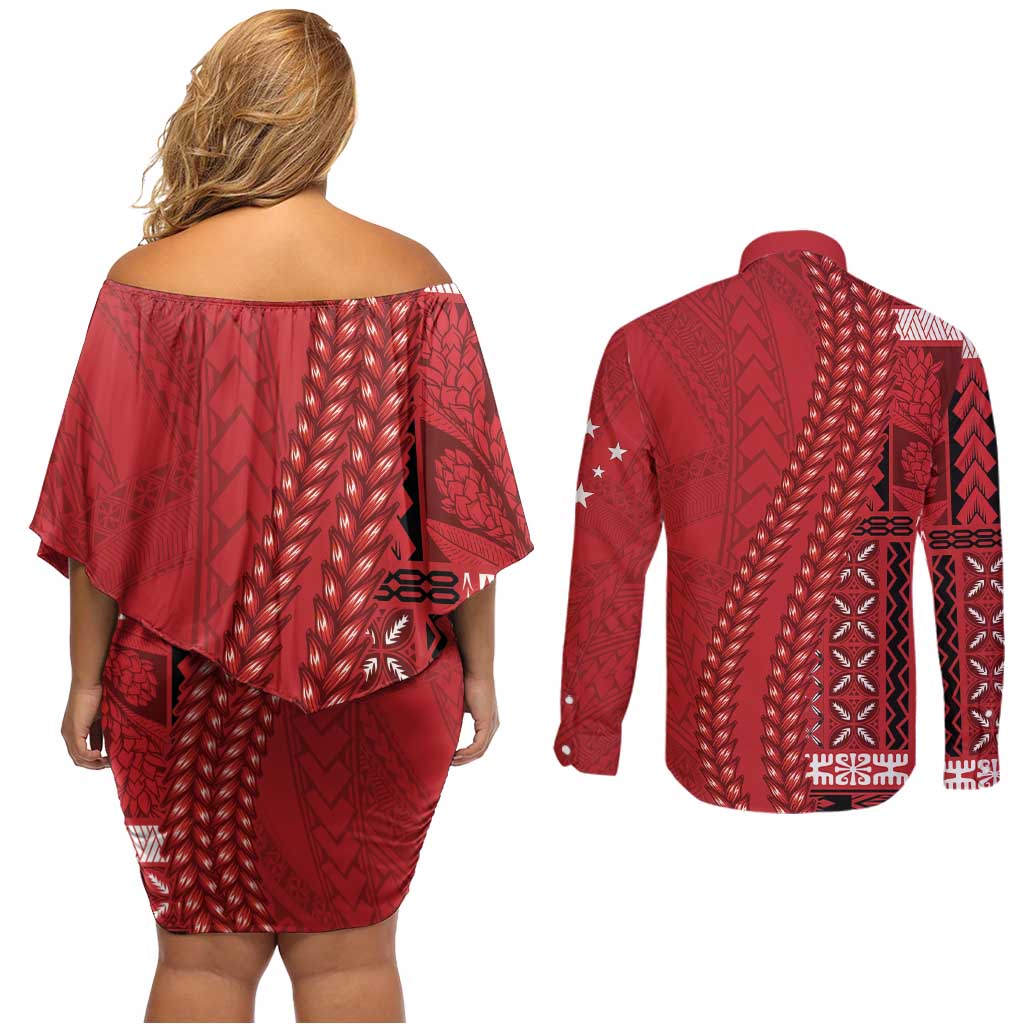 Samoa FAST Siapo Couples Matching Off Shoulder Short Dress and Long Sleeve Button Shirt Tatau-Ulafala Vines LT7 - Polynesian Pride
