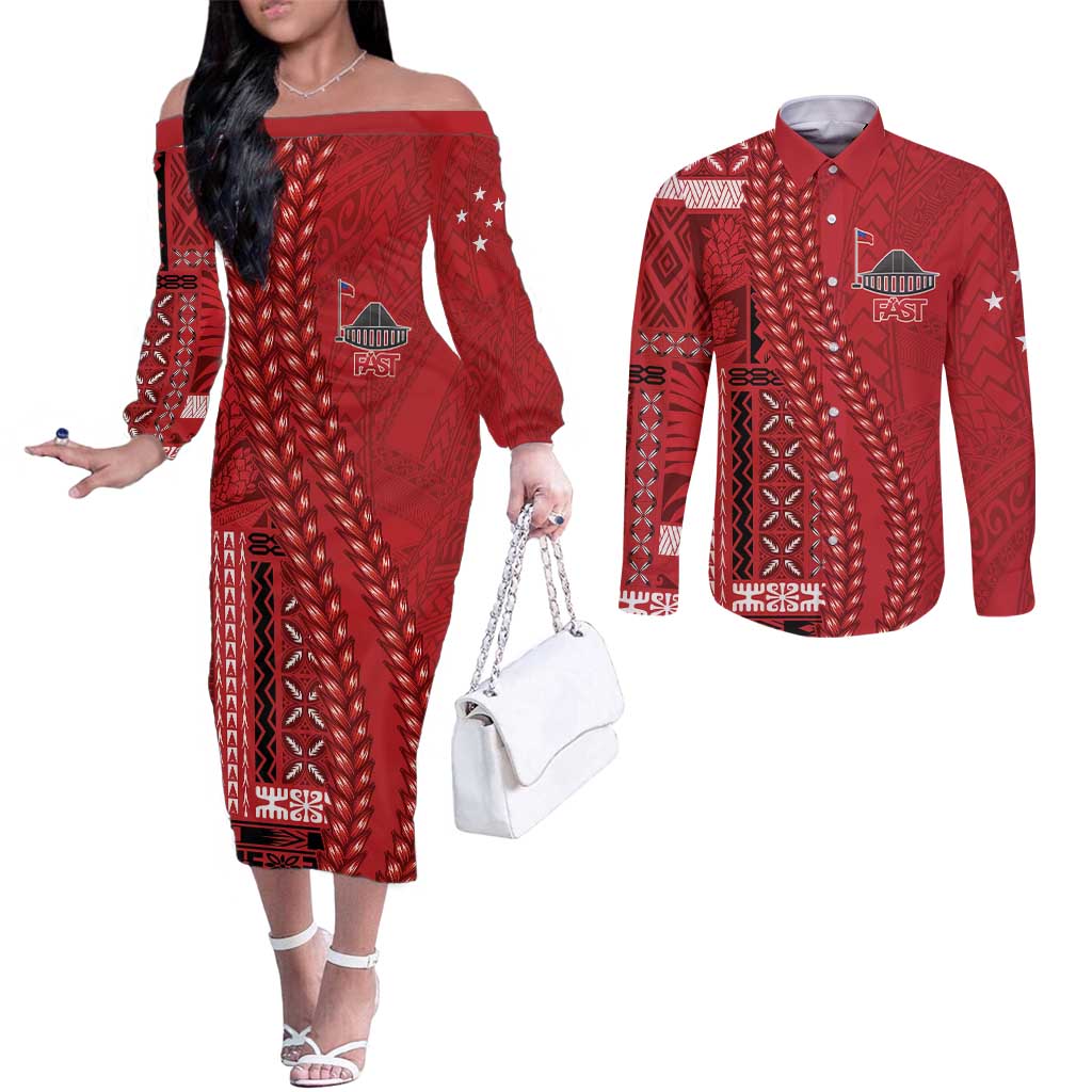Samoa FAST Siapo Couples Matching Off The Shoulder Long Sleeve Dress and Long Sleeve Button Shirt Tatau-Ulafala Vines LT7 Red - Polynesian Pride