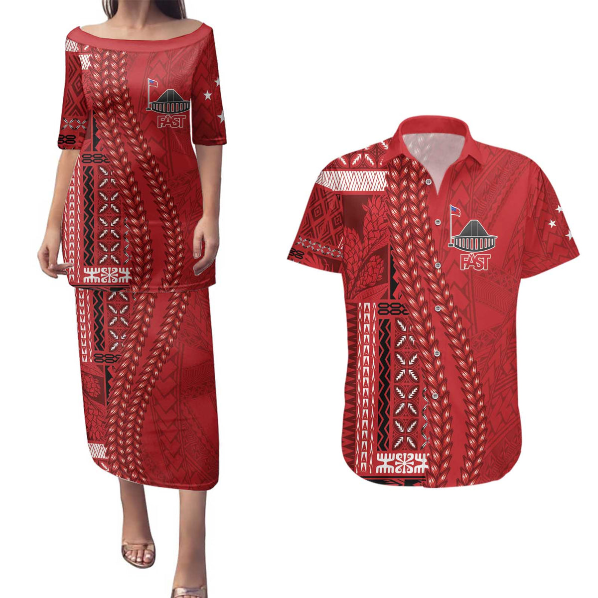 Samoa FAST Siapo Couples Matching Puletasi and Hawaiian Shirt Tatau-Ulafala Vines LT7 Red - Polynesian Pride